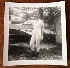 VTG 1950s Found Photo Pretty Woman Camping Poses Long John Underwear Boat Camper picture