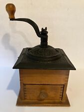 VTG Classic Ornate Black Cast Iron Coffee Grinder Mill W/Dove Tail Wood Base  picture