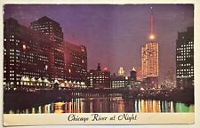 Chicago River at night. Merchandise Mart. Illinois Vintage Postcard picture