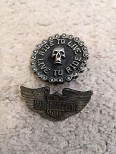 Lot Of 2 Harley Davidson & Motorcycle Pins Live To Ride Wings Skull Vintage picture