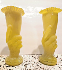 2 ANTIQUE~FENTON VICTORIAN  HAND RING VASE CREAMY YELLOW CASED GLASS ~ 8.7 in. picture