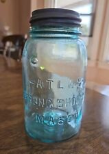 Vintage Atlas Strong Shoulder Aqua Glass Mason Canning Jar & Atlas Zinc Lid  picture