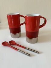 Starbucks Red Silver Mug Spoon Set 2 2014 Verismo Mugs Ceramic 8 Oz Cappuccino picture