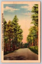 Greetings Sheldon Missouri Country Road Forest Linen MO Vintage UNP Postcard picture