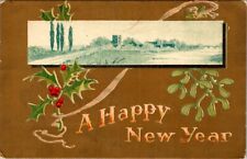 vintage postcard - A HAPPY NEW YEAR holly and mistletoe unposted c1900s picture