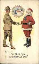 WWI Christmas Soldier Shakes Hands with Soldier Propaganda Vintage PC picture