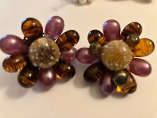 VINTAGE ESTATE MAUVE AND ORANGE CLUSTER BEAD CLIP ON EARRINGS picture