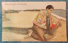 c1940s Miami Musa Isle Seminole Indian Village Alligator Wrestling Postcard F/S picture