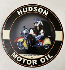 CLASSIC HUDSON MOTOR OIL & GAS PETROLEUM MOTORCYCLE GARAGE PORCELAIN ENAMEL SIGN picture