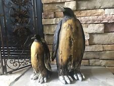Penguin Statue Set Of 2 Large Faux Wood Carved Resin Weathered Rustic MCM Rare picture
