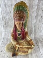 Huge 17” Seated Native American Indian Chief w/ Peace Pipe Chalk Ware 70s picture