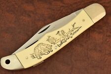 SCHRADE MADE IN USA SCRIMSHAW GRIZZLY BEAR FOLDING HUNTER KNIFE NICE (15691) picture