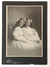 Antique Photo on Board Creepy Twin Girls with Long Hair & Bows Spooky Back Side picture