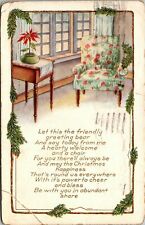 Merry Christmas Vintage Postcard Early 1900 Poinsettia Chair Windows picture
