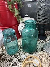 Two Aqua Colored Ball Jars Vintage One With Lid Pint And And Quart picture