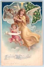 1903 GERMANY FRÖHLICHE WEIHNACHTEN MERRY CHRISTMAS ANGELS TREE HARP POSTCARD picture