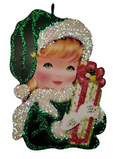 GIRL in GREEN HOLIDAY OUTFIT w GIFT BOX   Glitter  CHRISTMAS ORNAMENT *  Vtg Img picture