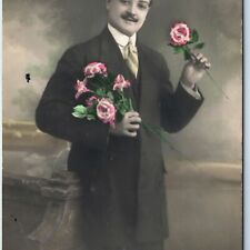 c1910s French Handsome Young Man Rose Flower RPPC 16 yo Mug Real Photo PC A136 picture