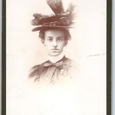 c1900s Dubuque, IA Beautiful Woman Edwardian Feather Hat Cabinet Card Photo B18 picture