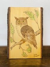 Vintage Wood Burning Pyrography Wall Art of a Horned Owl, Signed USA picture