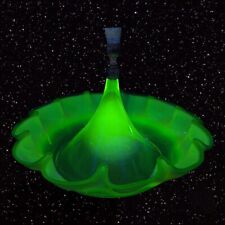 Antique Victorian Uranium Green Opalescent Glass Ruffled Large Bowl Dish Handle picture