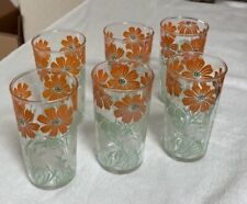  Six LOVELY VINTAGE Orange/White/Green Floral Drinking Glasses MINT Condition picture