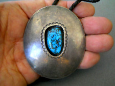 OLD Native American Navajo Spiderweb Turquoise Sterling Silver Etched Bolo Tie picture