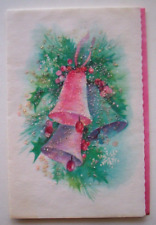 Pink purple teal bells glitter vintage Christmas greeting card * JJ16 picture