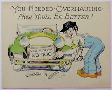 Vtg Art Deco Get Well Card-AUTO REPAIR MECHANIC IN DUNGAREES-FUNNY LICENSE PLATE picture