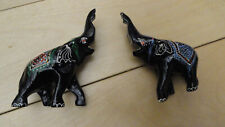 Pair 2 Black Lacquered Miniature Elephant Hand Painted 3” tall Trunks Up picture