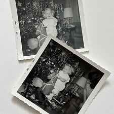 Vintage B&W Snapshot Photograph Adorable Little Girl Christmas Day Rocking Horse picture