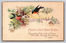1927 Happy New Year Birds Snowy Winter Rural Scene Like a Song Antique Postcard picture