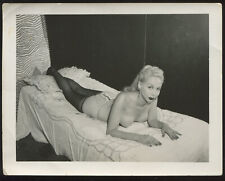 FOUND PHOTO 4x5 Pinup in Pantyhose Laying Prone on Bed 50s Risque Snapshot VTG picture