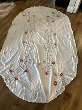 Vintage Oval Embroidered Tablecloth Exquisite Antique Linen Bells poinsettias picture