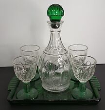 VTG Avon 1980's Beaded Oval Glass Wine Decanter/4 Glasses/Tray in Emerald Green picture