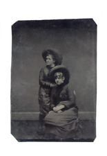 Witchy Mother Daughter Somber Gaze Victorian Dresses Hats Photo Antique Tintype picture