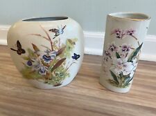 Vintage Pair Table Toyo Butterfly & Floral Ceramic Vase Japan Orchid Asian picture