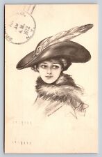 c1912 Edwardian Era Woman Portrait Elegant Hat w/ Feather ANTIQUE Postcard picture