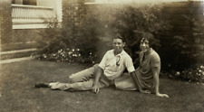 Young Man & Woman Sitting On Grass B&W Photograph 2.75 x 4.5 picture