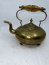 Antique James Clews Birmingham JCB Brass Tea pot Kettle amber Glass handle feet picture