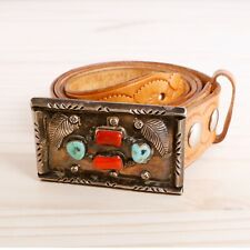 LARGE OLD PAWN STERLING SILVER TURQUOISE CORAL BELT W/ AMAZING STAMPED LEATHER picture