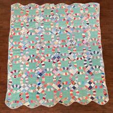 VTG Double Wedding Ring Quilt Feedsack 64x79in Twin Green Hand Quilted Striped picture
