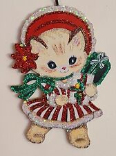 CAT, KITTEN in HOLIDAY OUTFIT w GIFT BOXES  Glitter CHRISTMAS ORNAMENT * Vtg Img picture