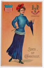 Connecticut CT Vintage Postcard Pretty Woman Pennant State Seal Patriotic Shield picture
