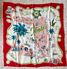 Vintage 1950s FLORIDA Souvenir State Red & Pink  Rayon Square Scarf picture