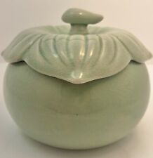Celadon Lidded Round Jar With Leaf Design Lid with Little Stem Handle picture