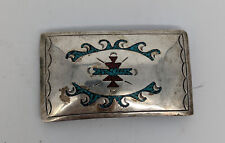 Vintage Navajo Sterling Silver Inlay Turquoise / Coral Design Belt Buckle picture