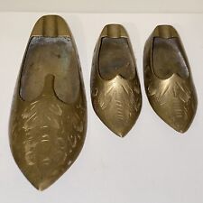 Vintage Etched Solid Brass Slipper Shoe Ashtrays Set of 3 Made in India picture