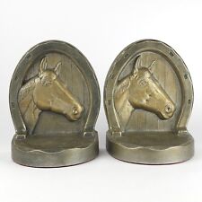 Vintage Metal Horse Head Horseshoe Bookends Heavy Cast Relief Equestrian Pair picture