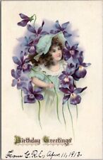 1910s Tuck's HAPPY BIRTHDAY Embossed Postcard Pretty Girl Purple Violet Flowers picture